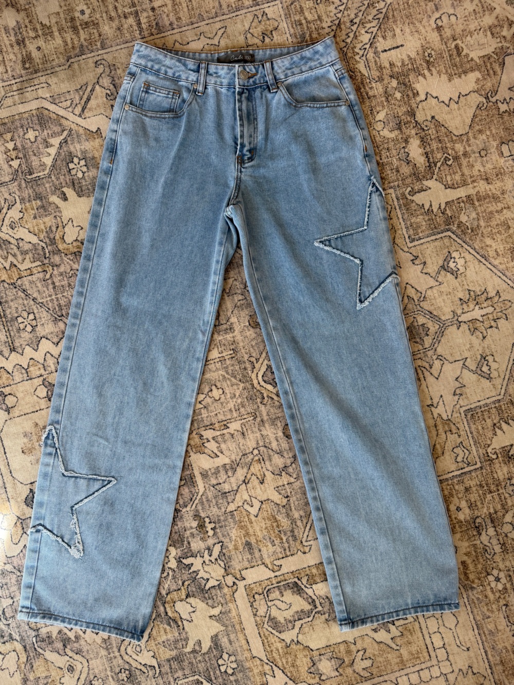 Cali 1850 Light Wash Distressed Star Patch Wide Leg Jeans Size 7 / 28